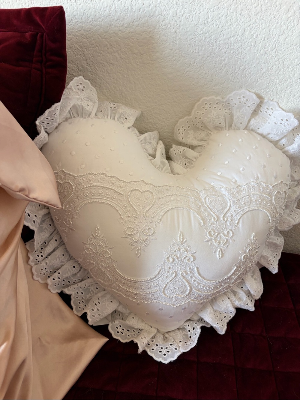 LoveShackFancy White Heart Lace Ruffled Throw Pillow